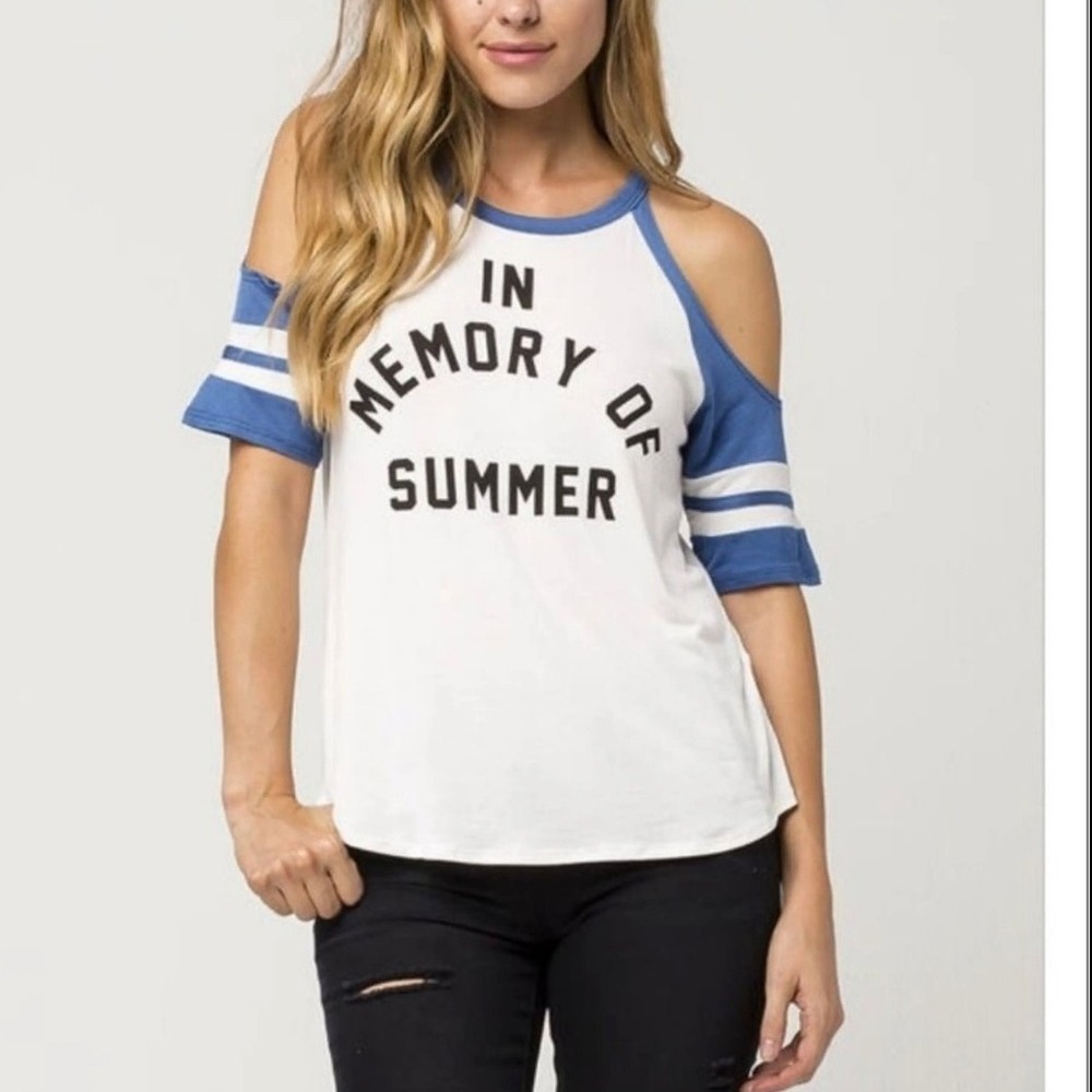 Tillys Full Tilt Cold Shoulder Top In Memory Of Summer Graphic Tee White Blue
